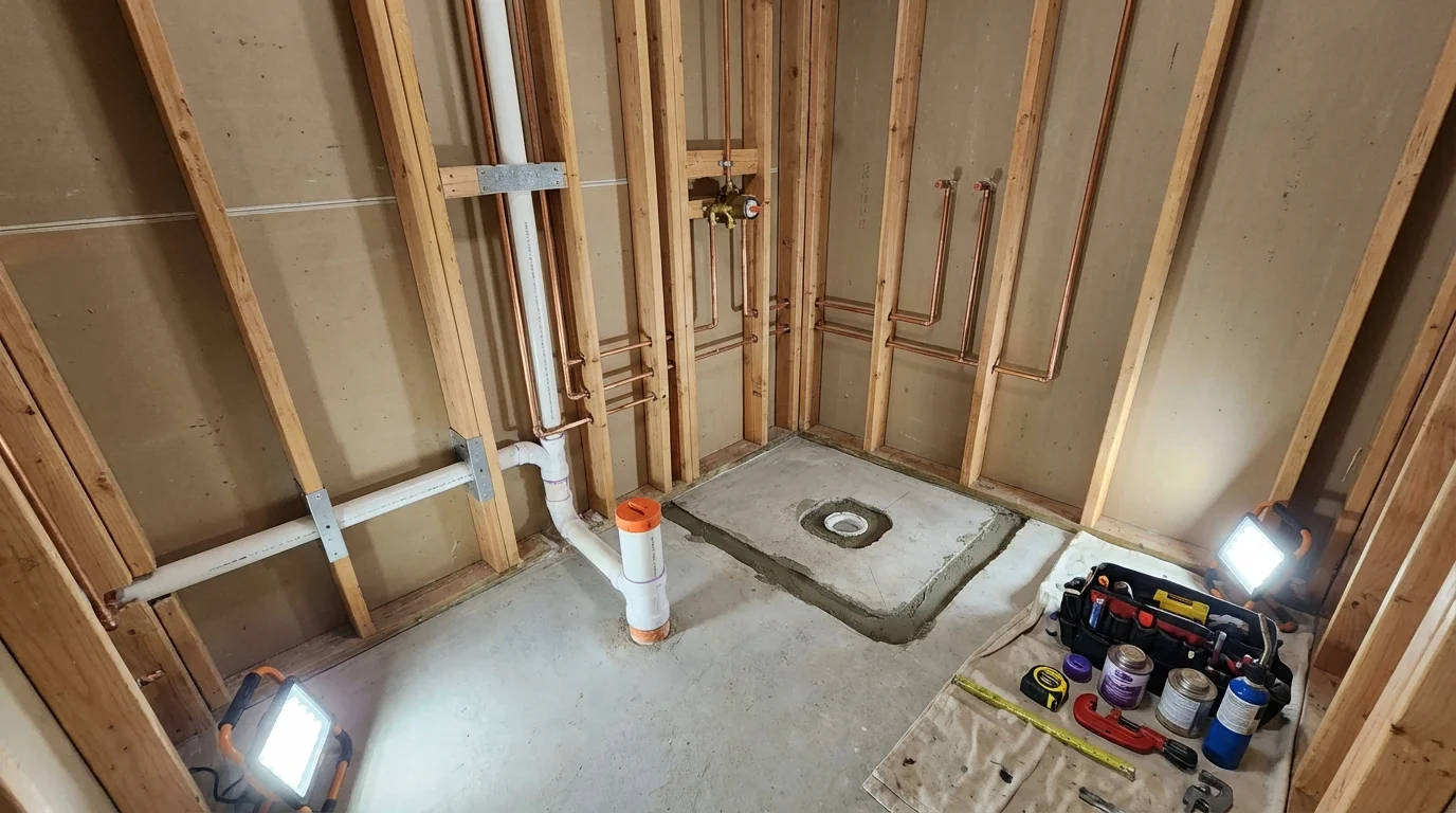 Bathroom rough-in plumbing during remodel by Johns Plumbing LLC in East Setauket
