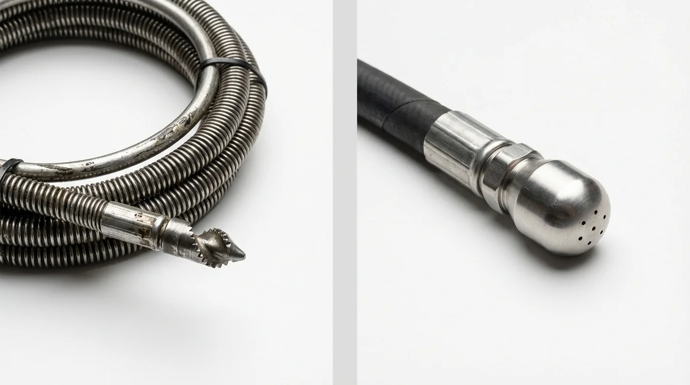 Drain snake cable and hydro jetting nozzle used for drain cleaning in East Setauket, NY