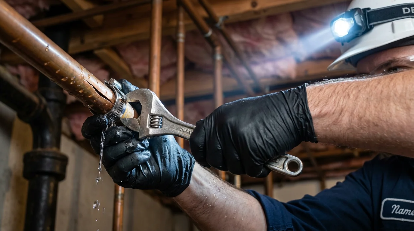 Emergency pipe clamp repair being performed by a Johns Plumbing LLC plumber in East Setauket