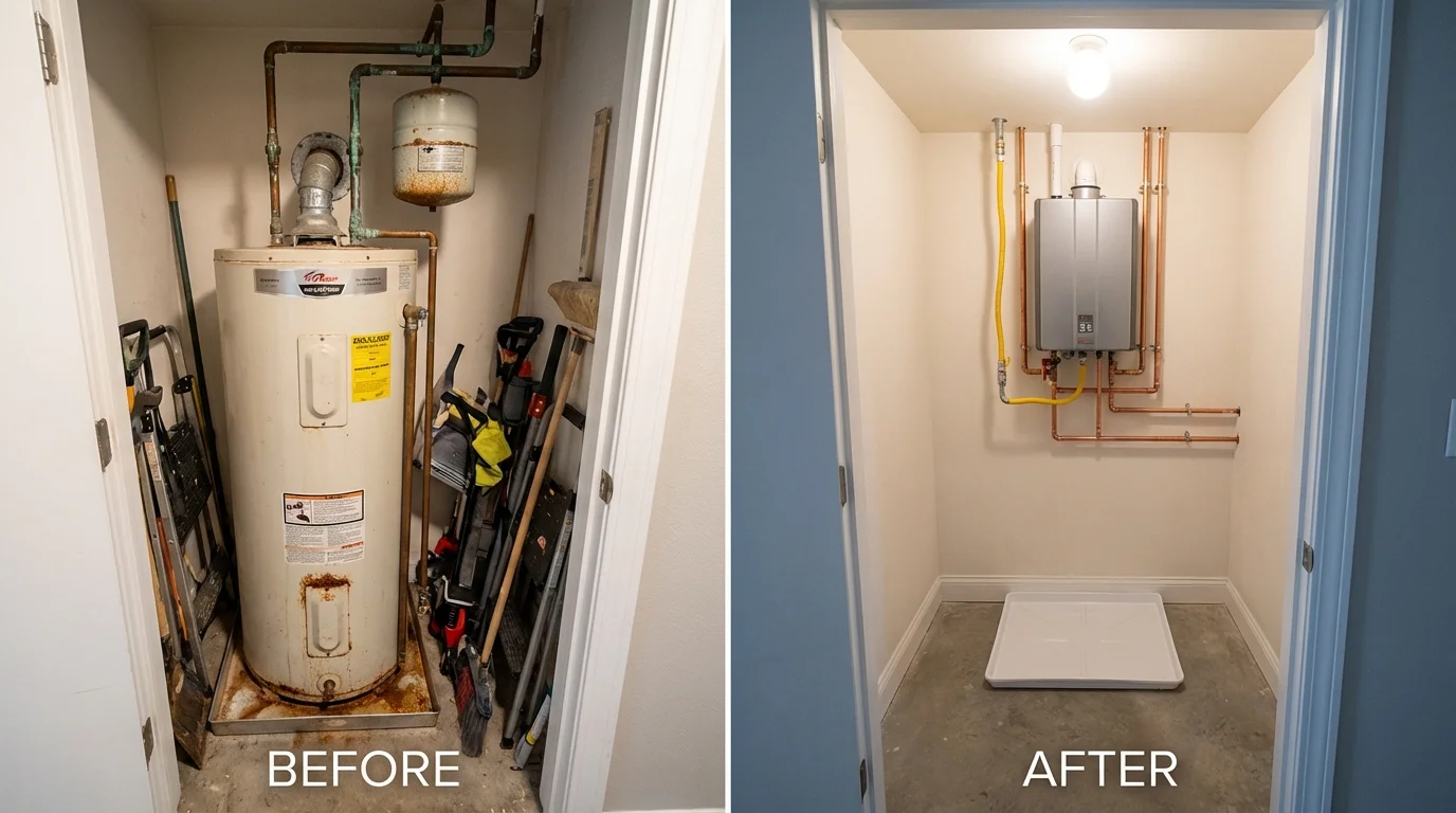 Tank water heater versus wall-mounted tankless unit comparison for East Setauket, NY homeowners