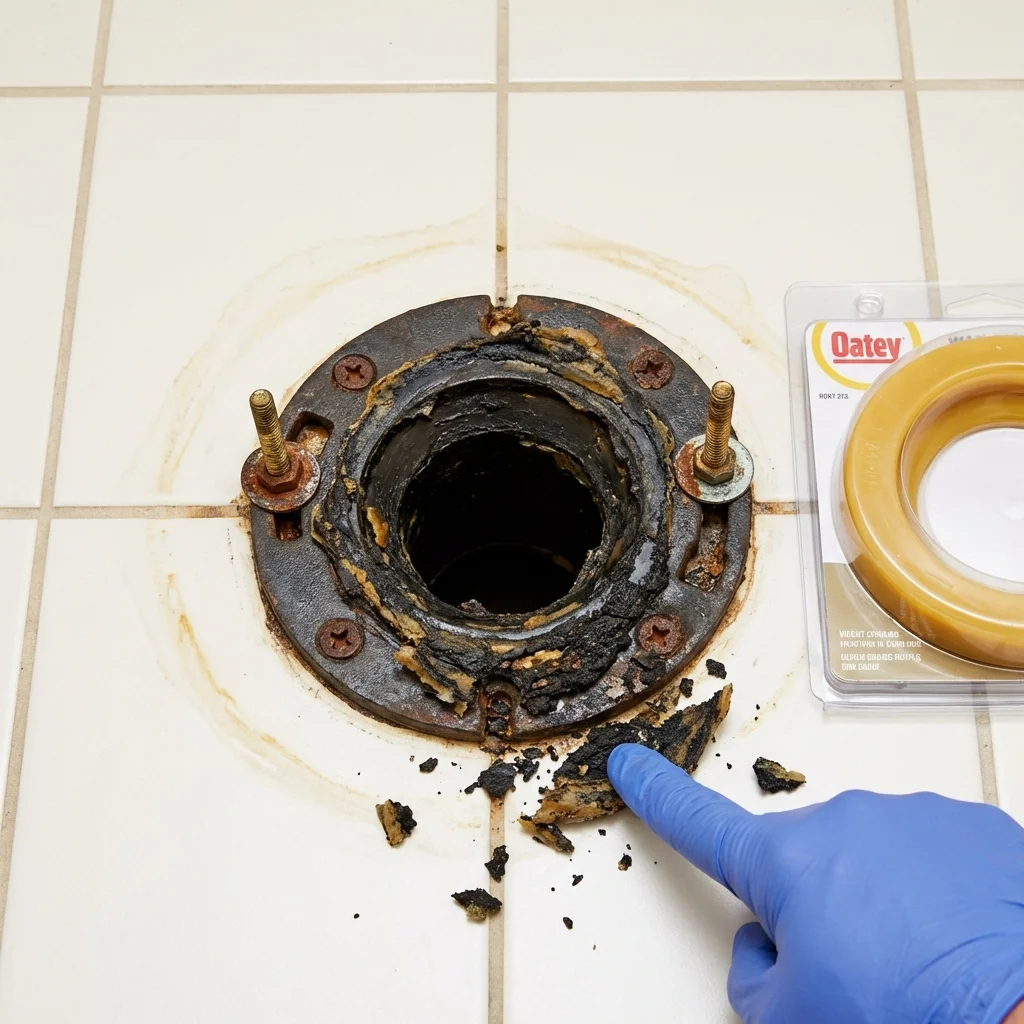 Failed wax ring showing water seepage at the base of a toilet in a East Setauket, NY home