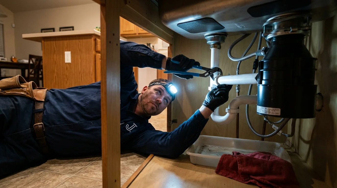 P-trap and supply line connections under a kitchen sink showing a common leak point in East Setauket, NY